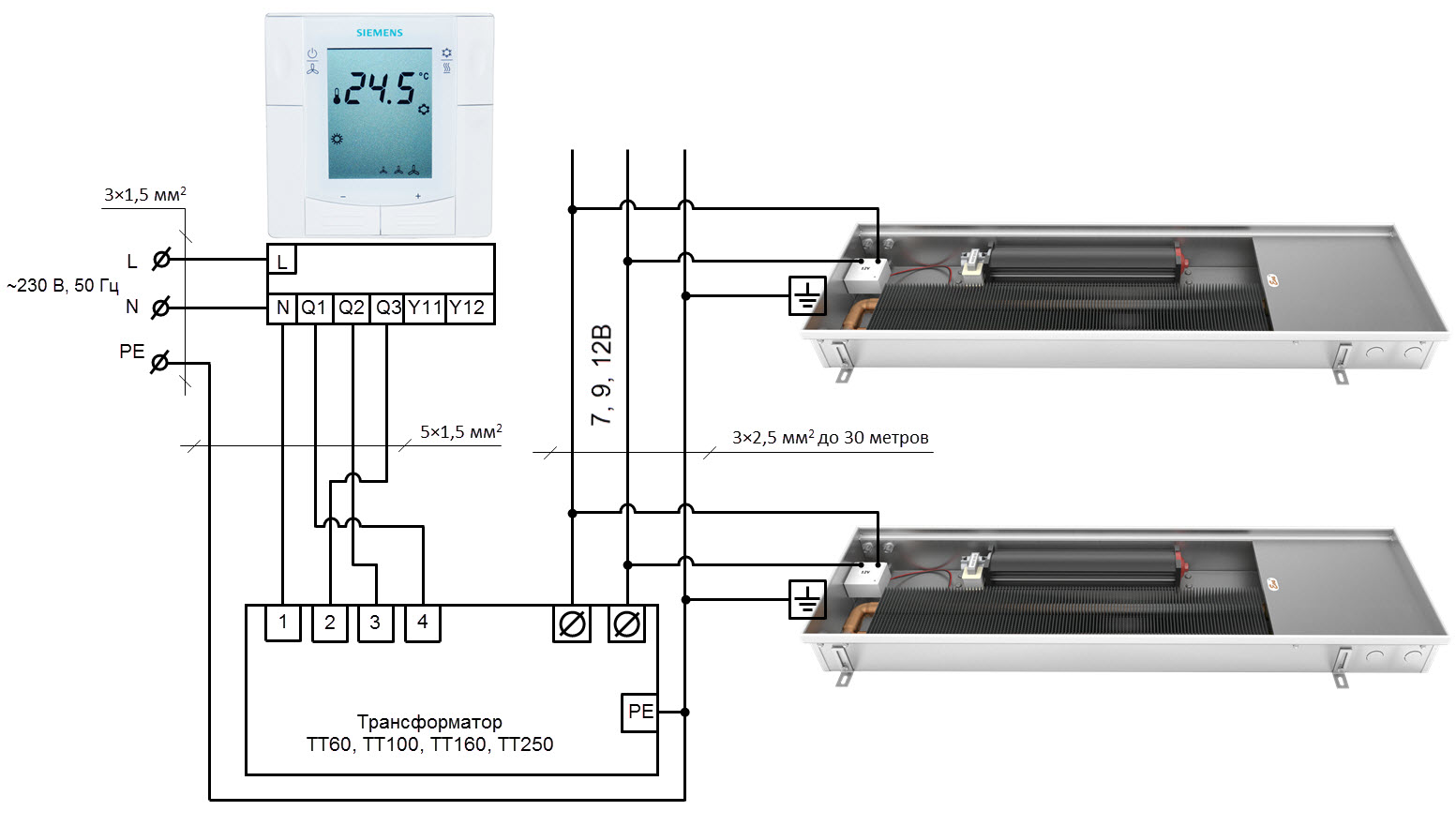 Подключение 12 V (Т30, 60, 100, 160, 250)